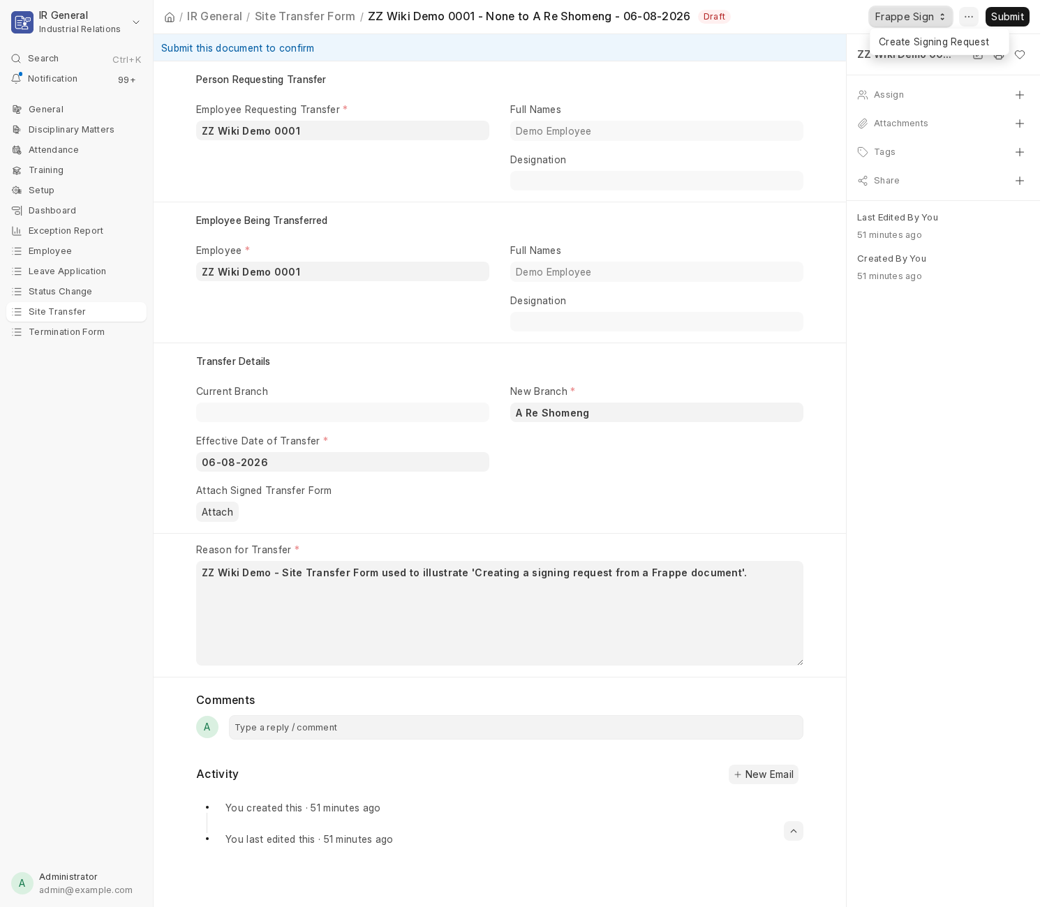 The Frappe Sign menu showing Create Signing Request