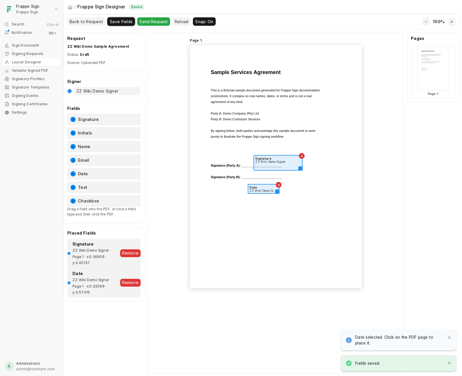 Two fields placed and saved: a Signature field and a Date field, each tagged with the assigned signer