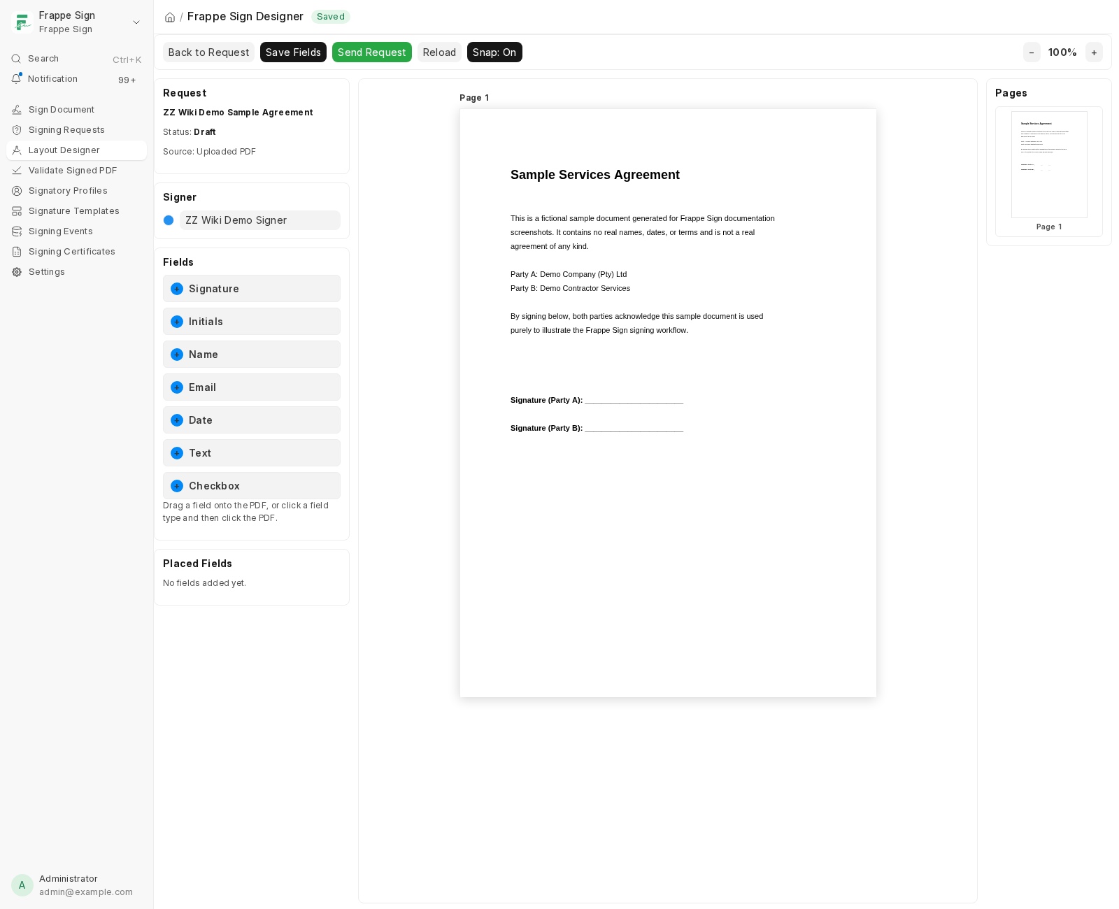 The Designer: field palette (Signature, Initials, Name, Email, Date, Text, Checkbox), the rendered PDF, and the signer selector