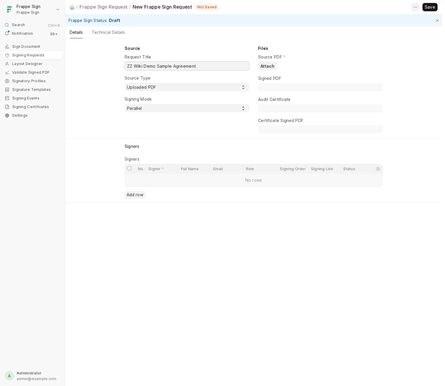 A new Frappe Sign Request: Request Title, Source Type (Uploaded PDF), Signing Mode
