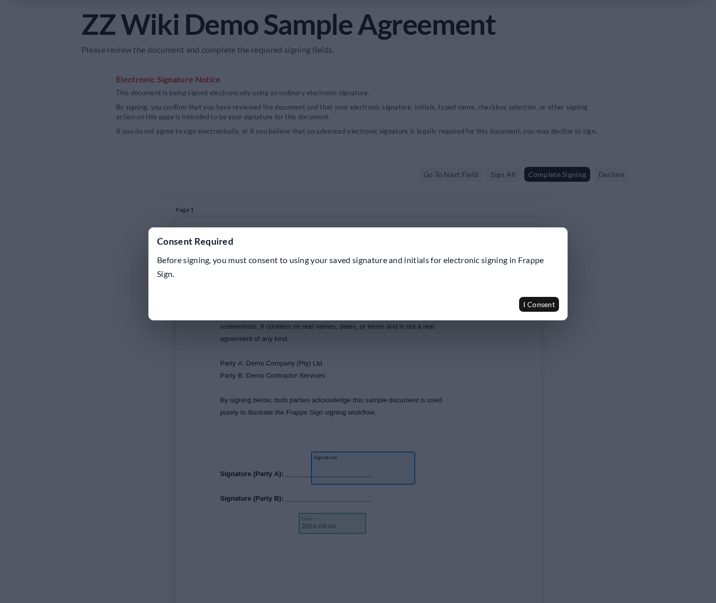 The signing portal: Electronic Signature Notice, the document with its fields, and a