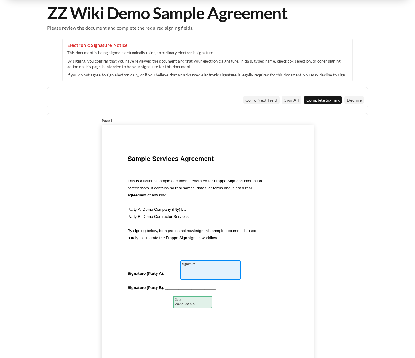 All required fields filled - the typed signature applied and the Date field auto-filled - ready for Complete Signing