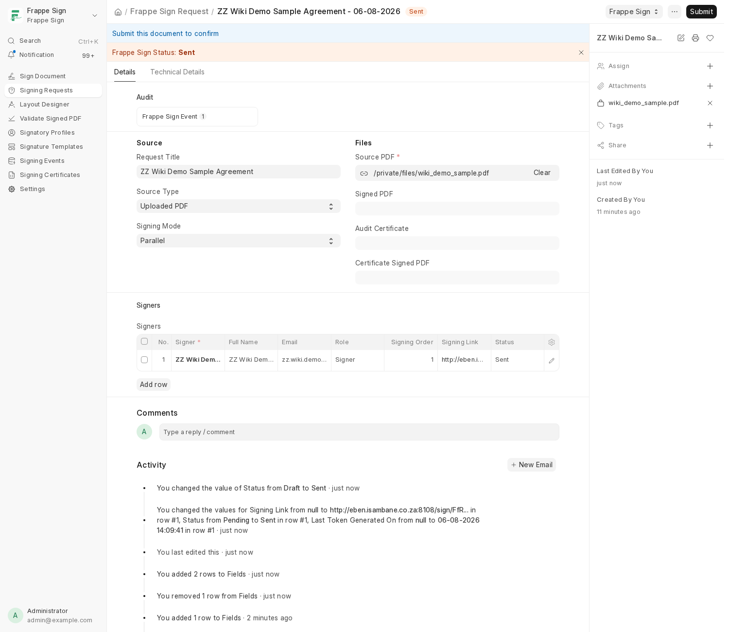 The request after sending: status Sent, the signer's row shows Sent status and its signing link