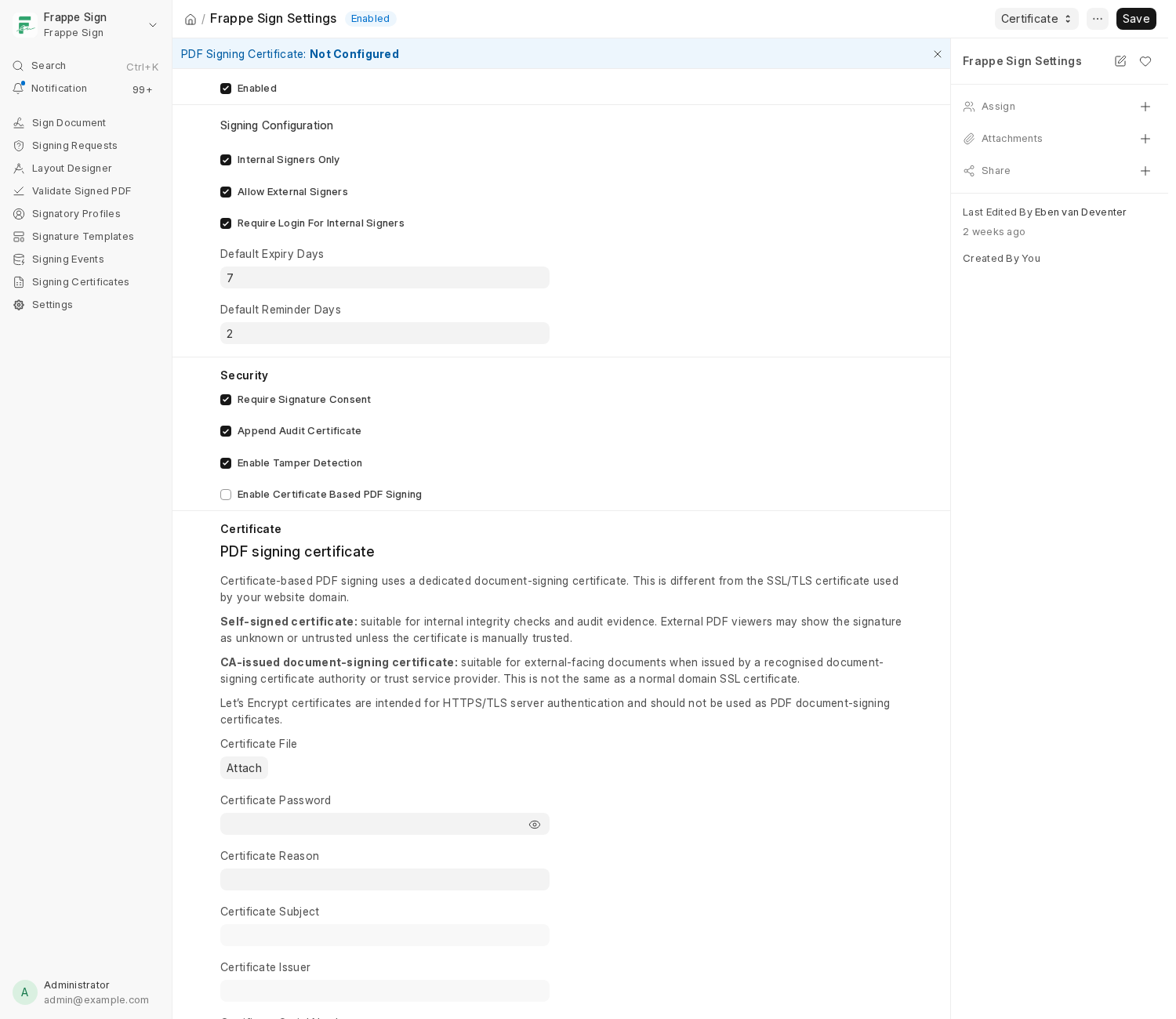 Frappe Sign Settings - general configuration, security settings, and certificate section