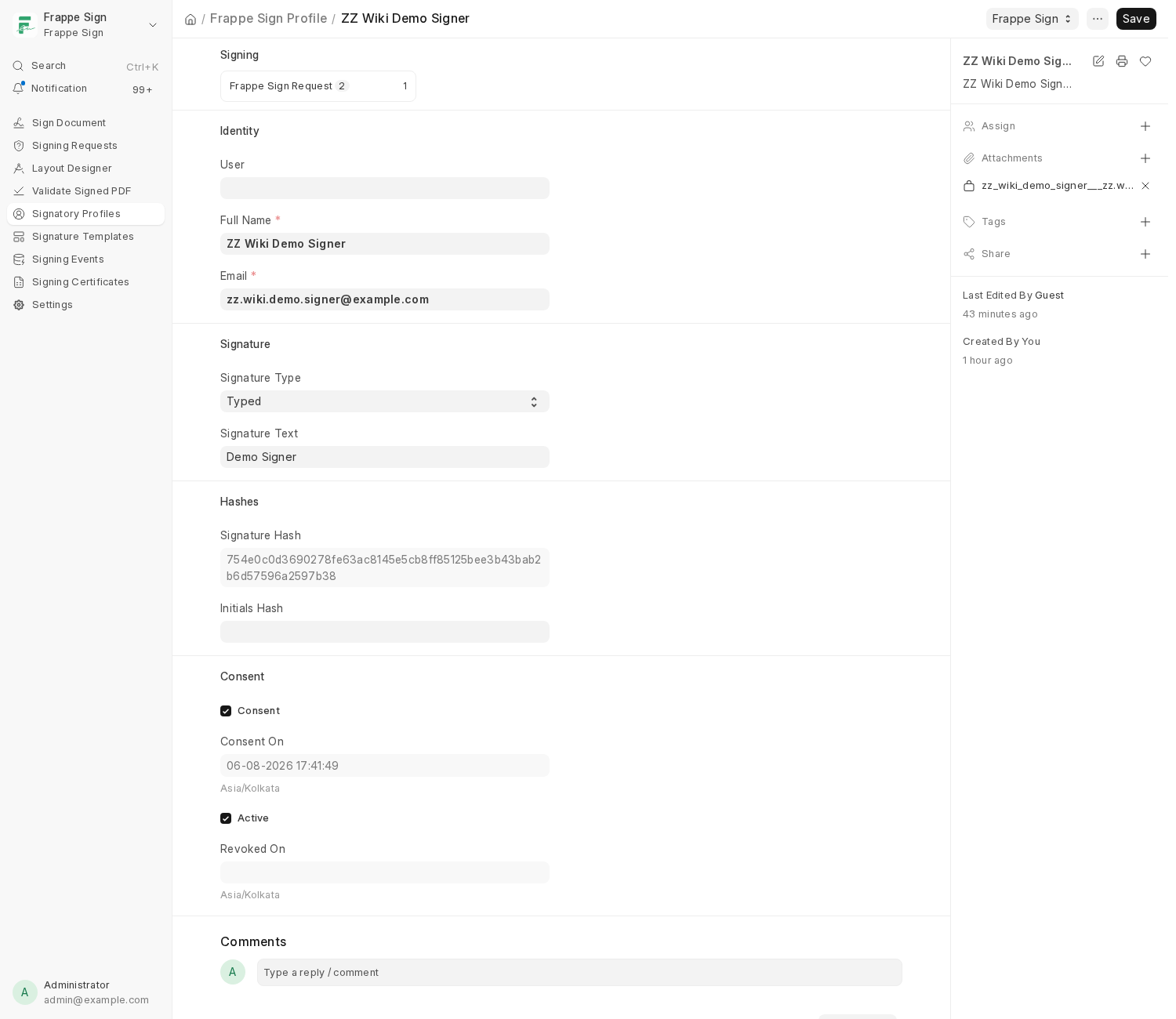 A Frappe Sign Profile: identity, signature type and text, hashes, and consent