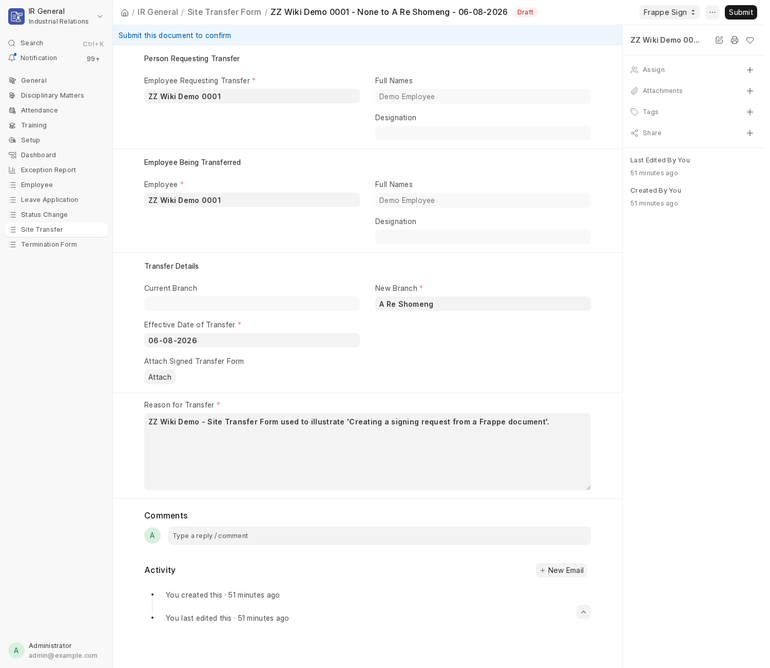 A source document (Site Transfer Form) with the Frappe Sign toolbar button