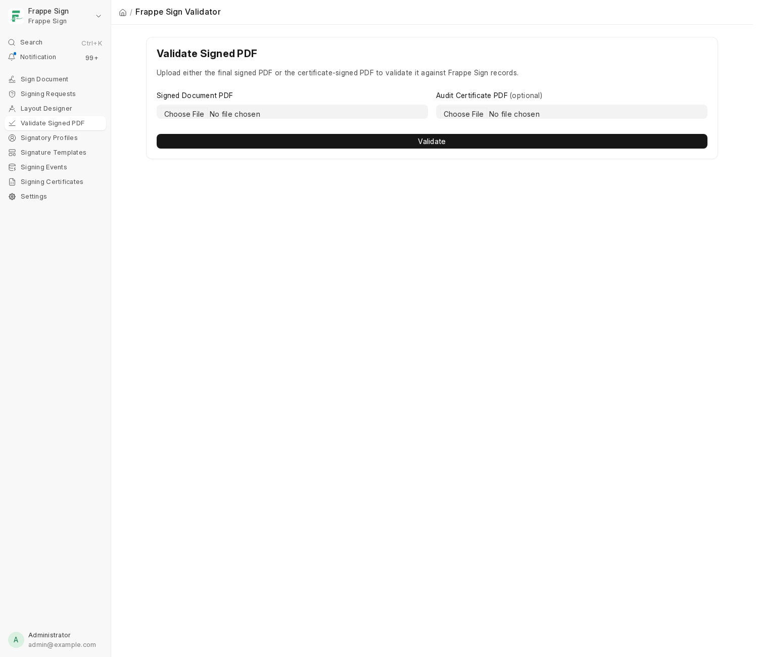 The Validate Signed PDF page: upload the signed document PDF, and optionally the audit certificate PDF