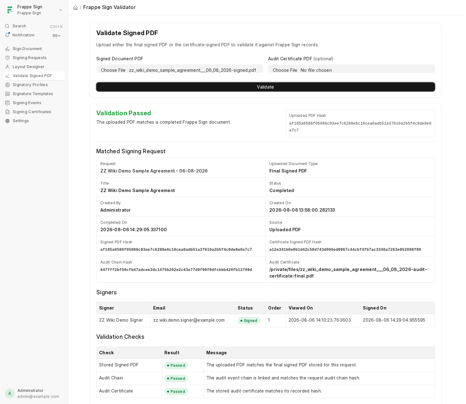 Validation Passed - matched request details, signer list, and a table of individual validation checks all Passed