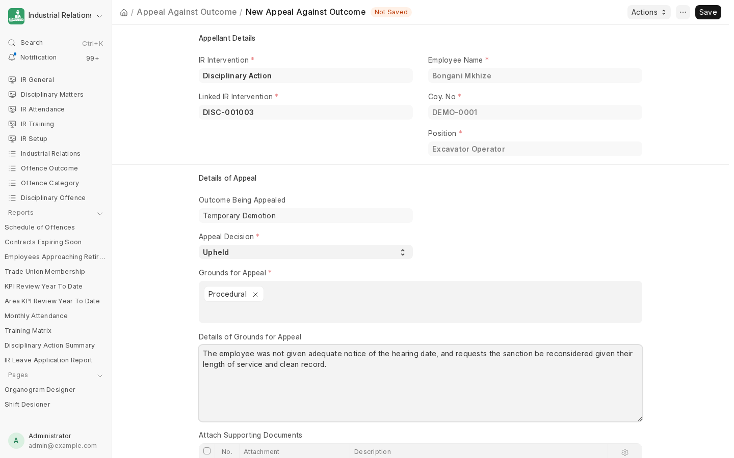 An Appeal Against Outcome, filled in: the outcome being appealed, an Upheld decision, grounds, and details