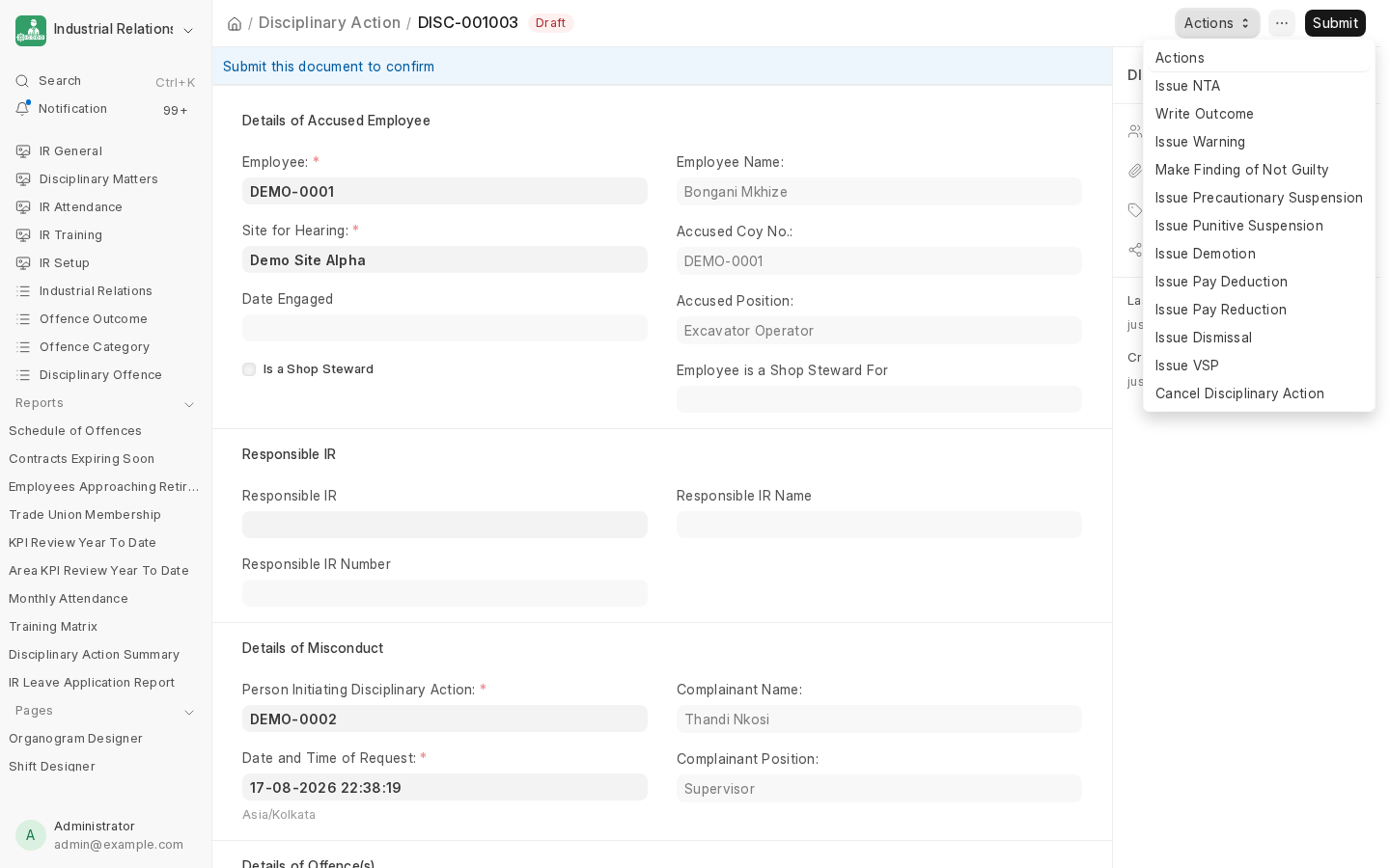 The Actions dropdown on a Draft Disciplinary Action: Issue NTA, Write Outcome, Issue Warning, sanctions, Issue VSP, Cancel