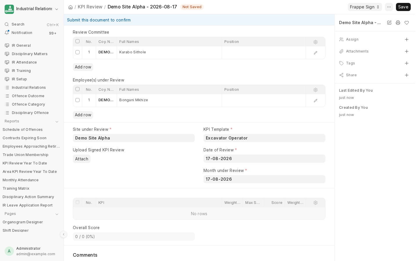 A KPI Review: review committee, employees under review, site and KPI Template, and a scoring table