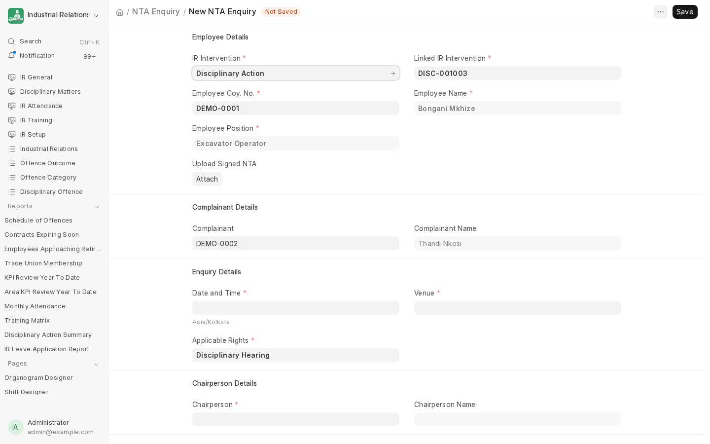 A new NTA Enquiry, pre-filled from its source Disciplinary Action: employee, position, and an Upload Signed NTA field