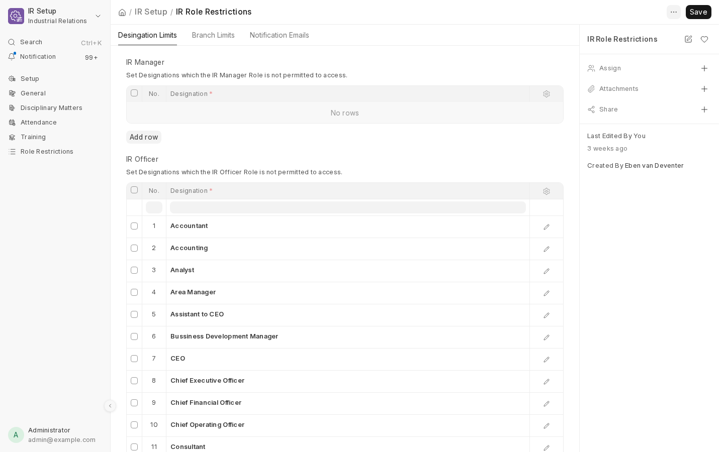 IR Role Restrictions - the Designation Limits tab, showing a per-role denylist of restricted designations