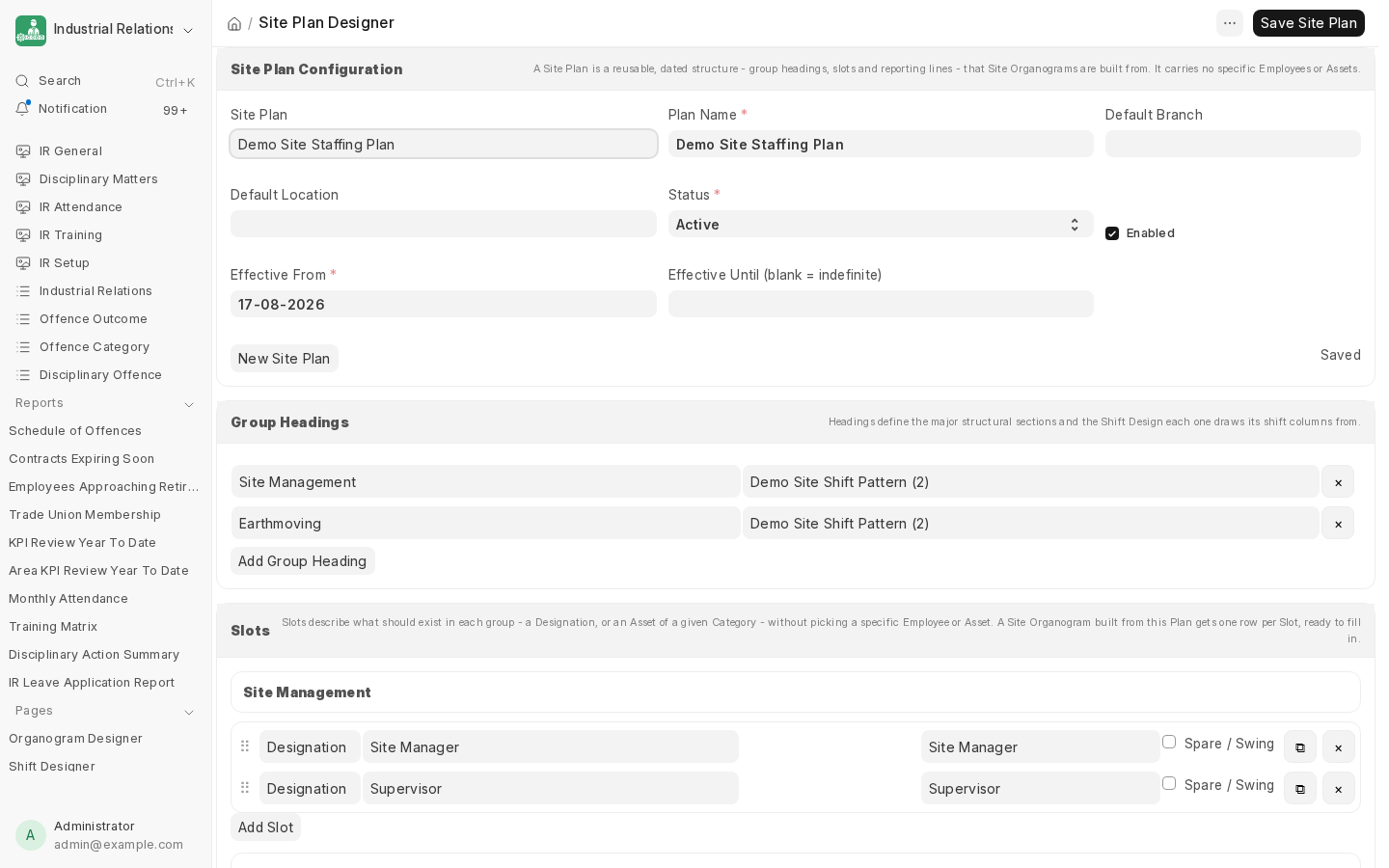 The Site Plan Designer: two group headings (Site Management, Earthmoving), each with Designation slots, a drag handle, and a duplicate button